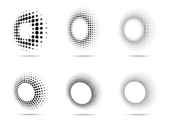 Halftone ronde gestippelde frames ingesteld. Cirkel stippen geïsoleerd op de witte achtergrond. Logo design element voor medische, behandeling, cosmetische. Ronde rand met halve toon cirkel stippen textuur. Vector — Stockvector