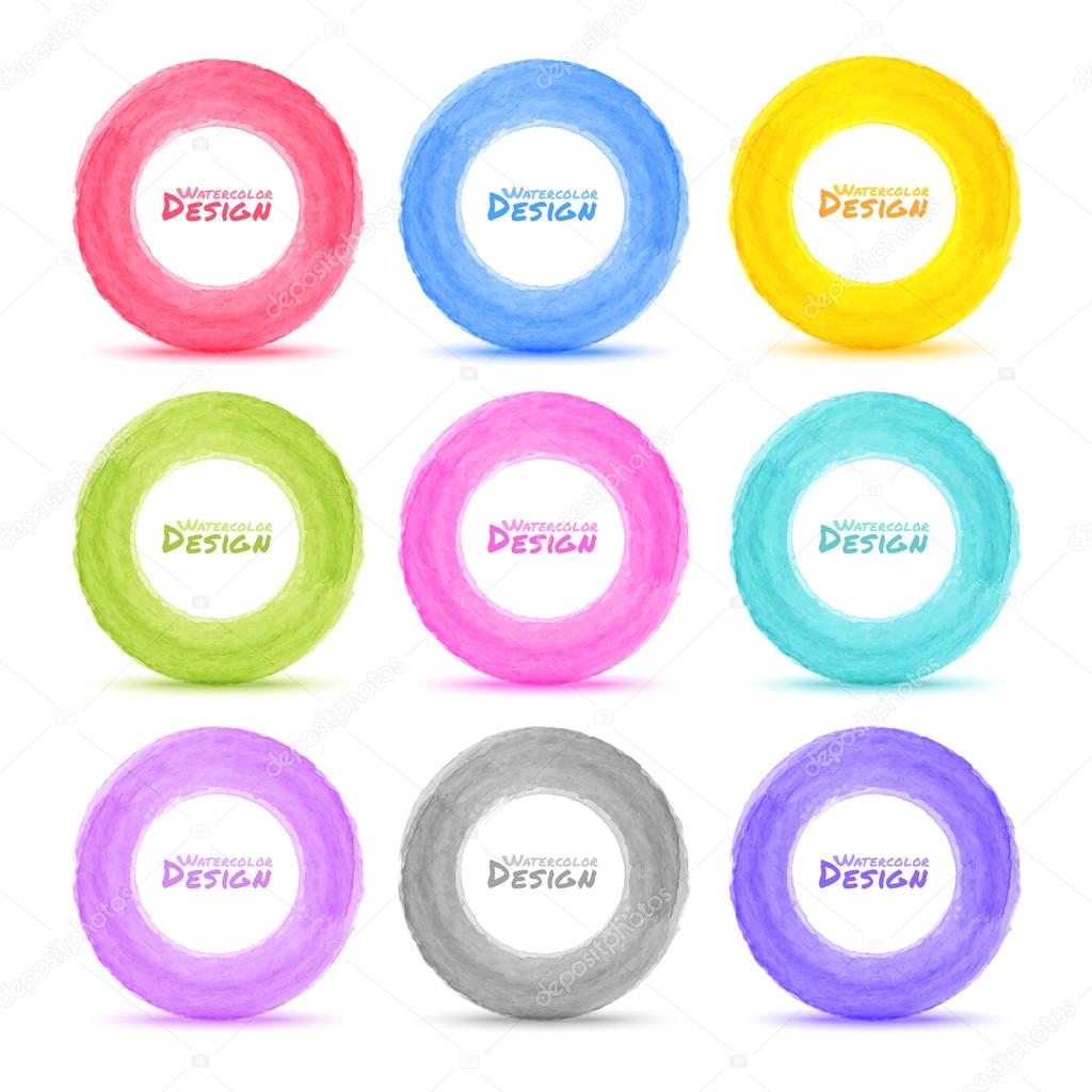Set of 9 Light Hand drawn colorful watercolor circles, vector design elements