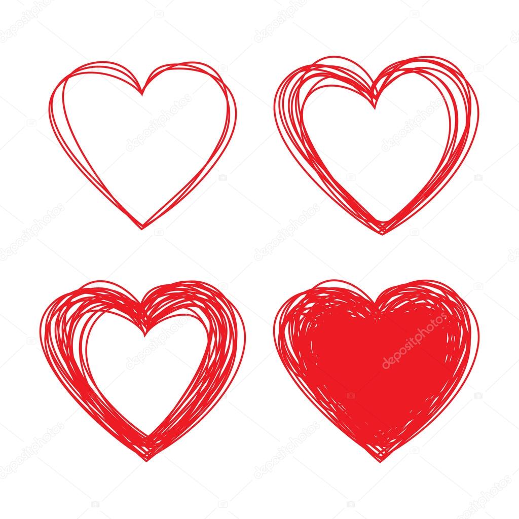 Set of Hand Drawn Scribble Hearts, vector design elements