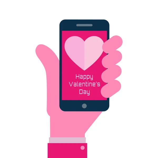 Feliz día de San Valentín - Smartphone a mano icono plano — Vector de stock