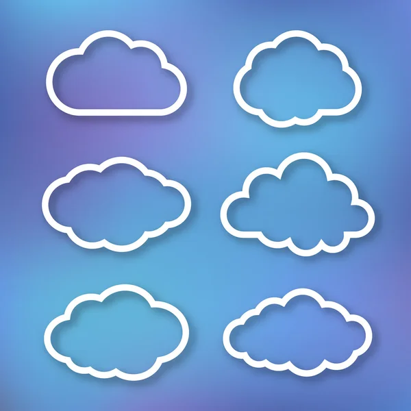 Conjunto de nubes, ilustración lineal sobre fondo borroso azul brillante — Vector de stock