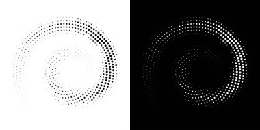 Yarım tonluk dairesel nokta deseni. Yarım Tonlu Noktalar Raster Dokusunu kullanarak Çember Çerçeve. Polka Noktaları. Spiral logo simgesi. Radyal tasarım elemanı. Vektör İllüstrasyonu.