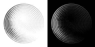 Yarım tonluk dairesel nokta deseni. Yarım Tonlu Noktalar Raster Dokusunu kullanarak Çember Çerçeve. Polka Noktaları. Spiral logo simgesi. Radyal tasarım elemanı. Vektör İllüstrasyonu.