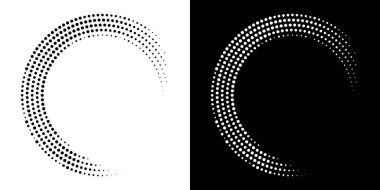 Yarım tonluk dairesel nokta deseni. Yarım Tonlu Noktalar Raster Dokusunu kullanarak Çember Çerçeve. Polka Noktaları. Spiral logo simgesi. Radyal tasarım elemanı. Vektör İllüstrasyonu.