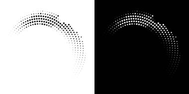Yarım tonluk dairesel nokta deseni. Yarım Tonlu Noktalar Raster Dokusunu kullanarak Çember Çerçeve. Polka Noktaları. Spiral logo simgesi. Radyal tasarım elemanı. Vektör İllüstrasyonu.