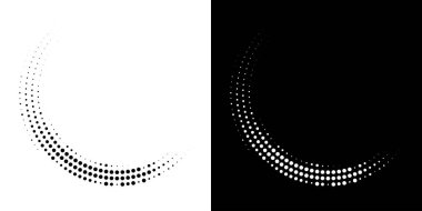 Yarım tonluk dairesel nokta deseni. Yarım Tonlu Noktalar Raster Dokusunu kullanarak Çember Çerçeve. Polka Noktaları. Spiral logo simgesi. Radyal tasarım elemanı. Vektör İllüstrasyonu.