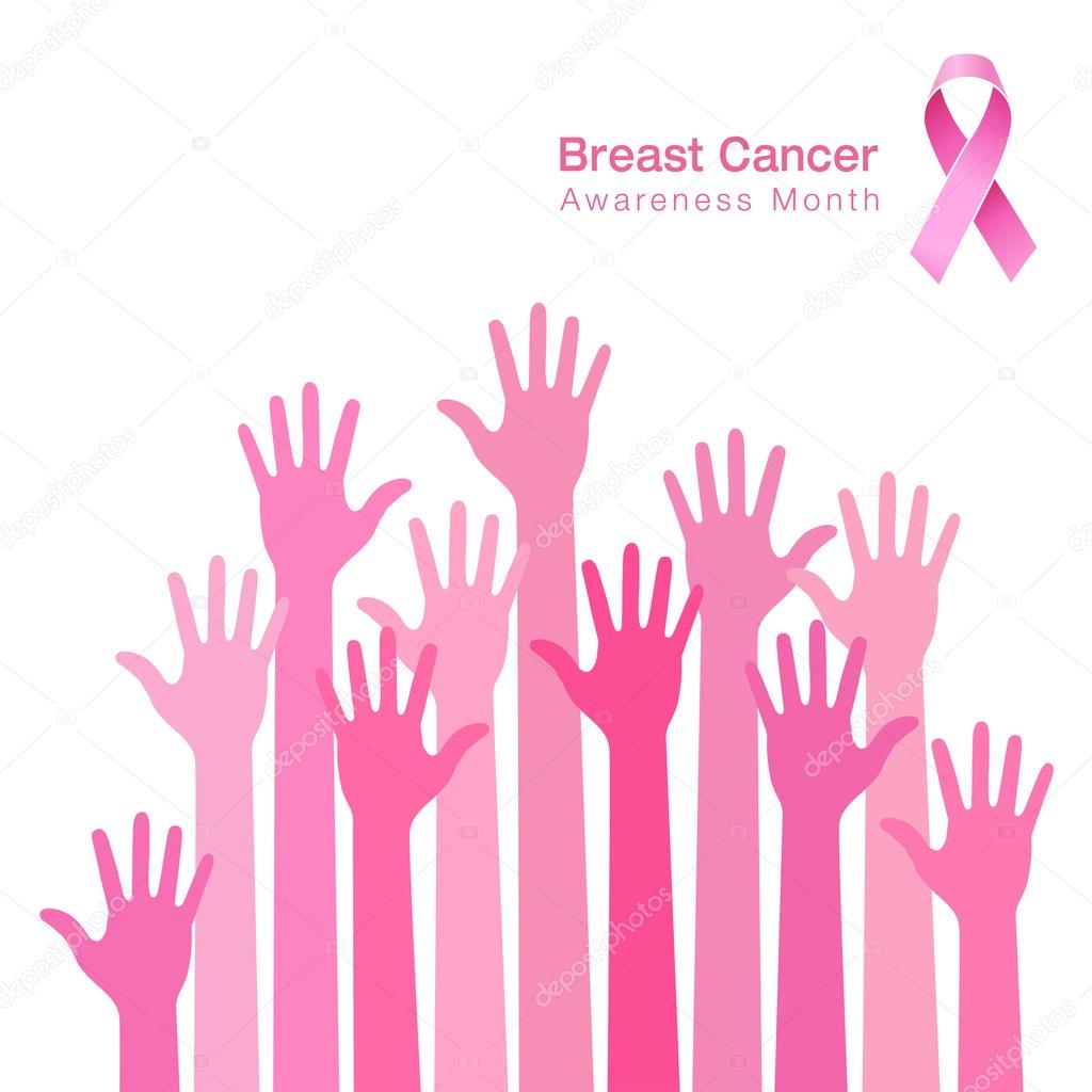Breast cancer awareness and  people hands background and pink ribbon icon, vector illustration