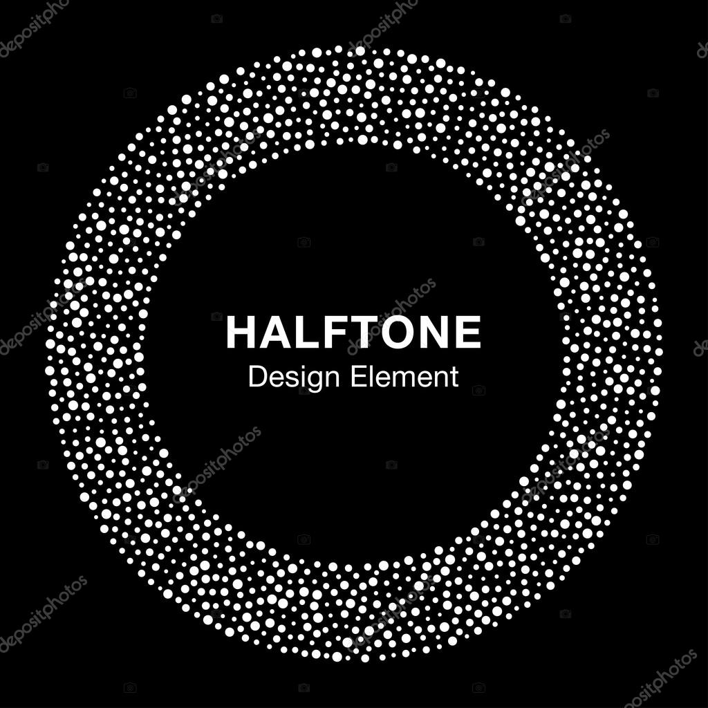 White Abstract Halftone Circle Logo Design Element on black background, vector illustration