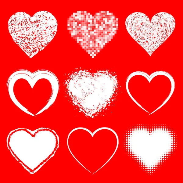 Conjunto de blanco garabato grunge corazones iconos en rojo backgroun — Vector de stock