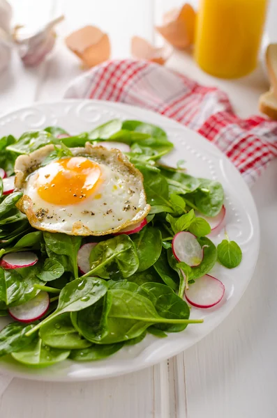 Espinacas frescas, ensalada de rábano con huevo frito — Foto de Stock