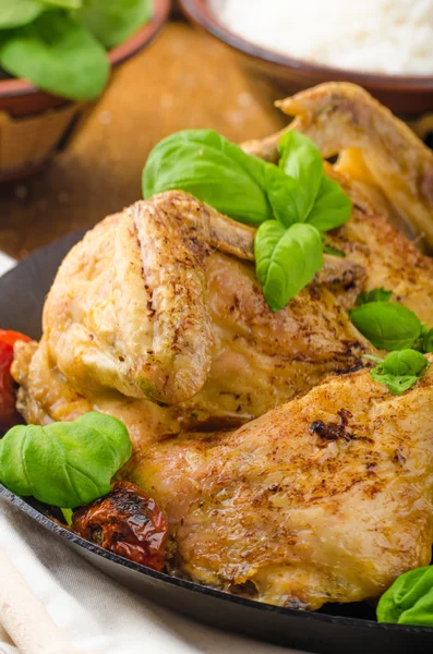 Kip gebakken met tomaten en basilicum op ijzeren pan — Stockfoto