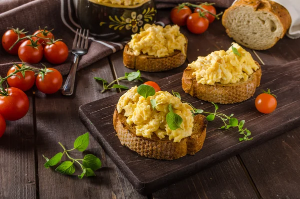 Omlet otlar ve kızarmış ekmek üzerinde sarımsak ile