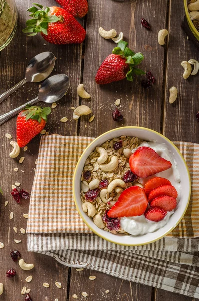 Harina de avena con yogur, fresa fresca y nueces — Foto de Stock