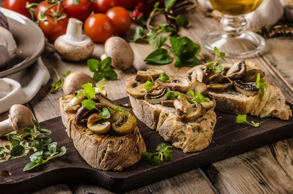 Rustykalne chleba Grzanka z czosnkiem, grzyby i zioła — Zdjęcie stockowe