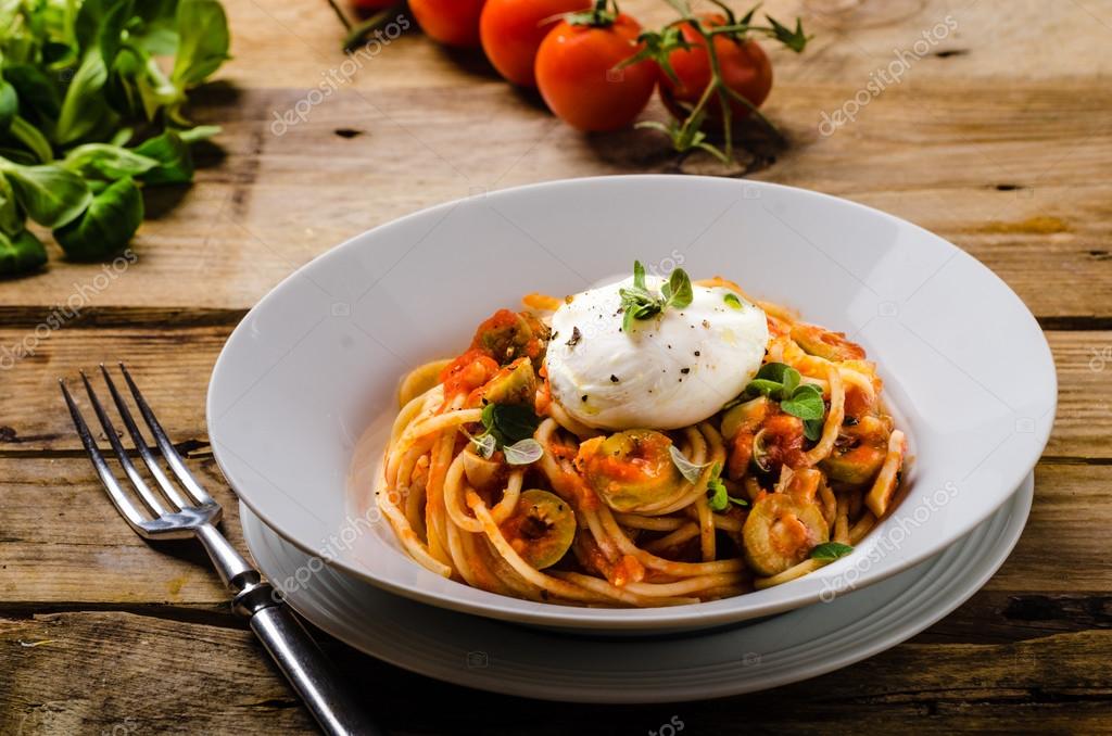 Italian pasta with poached egg Stock Photo by ©Peteer 108133996