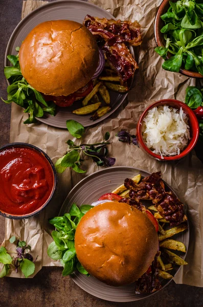 Beef burger with bacon and french fries — Stock Photo, Image