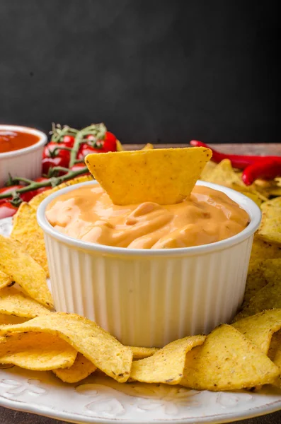 Tortilla chips with two dips — Stock Photo, Image