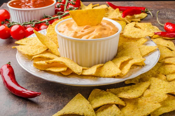 Tortilla chips with two dips — Stock Photo, Image