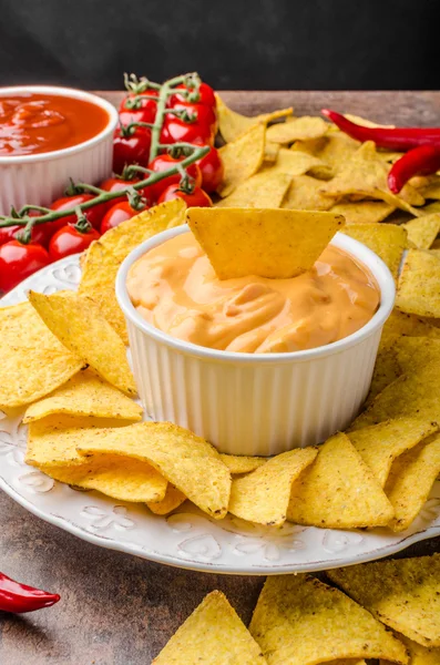 Tortilla chips with two dips — Stock Photo, Image