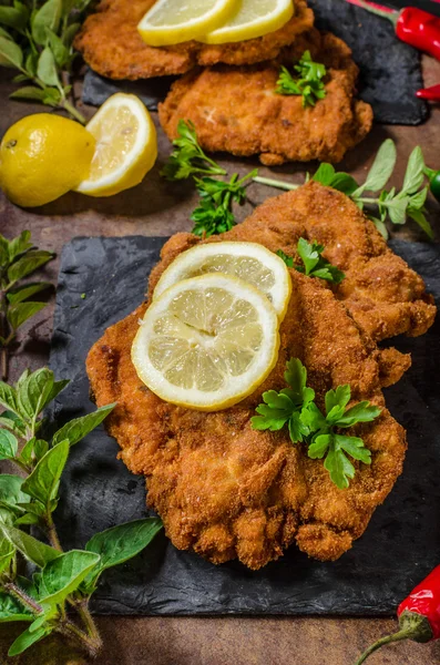 Şnitzel ile patates kızartması, salata ve otlar — Stok fotoğraf