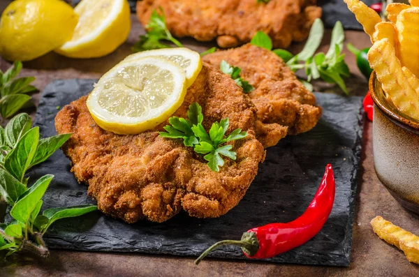 Şnitzel ile patates kızartması, salata ve otlar — Stok fotoğraf