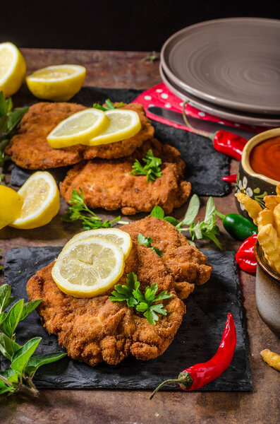 Шницель с картошкой фри, салатом и травами
