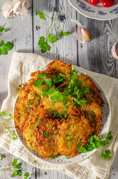 Fresh Potato Food Crispy Pancakes Fried Pan Garlic — Stock Photo, Image