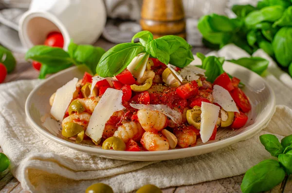 Delicious Simple Food Homemade Gnocchi Tomato Sauce Parmesan Olives Basil — Stock Photo, Image