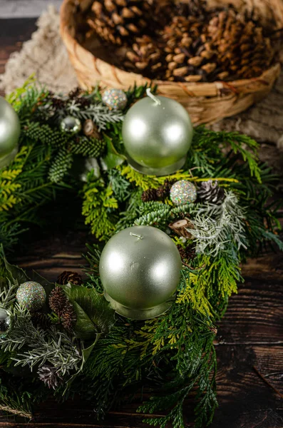 Coroa Natal Caseira Para Próxima Celebração Natal — Fotografia de Stock