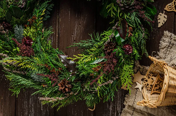 Natural Christmas Wreath Homemade Prepared Christmas Time — Stock Photo, Image