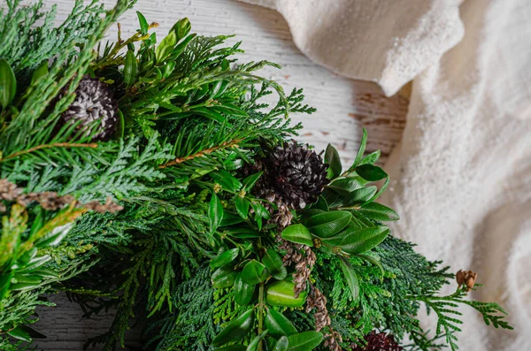 Grinalda Natural Para Férias Advento Natal Com Casas Madeira Caseiras — Fotografia de Stock