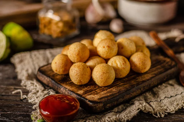 Rounded Croquettes Hot Sauce Cheese — Stock Photo, Image