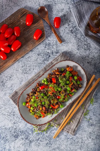 Delicious Organic Black Rice Salad Microgreens — Stock Photo, Image