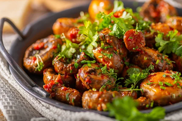 Roasted Mushrooms Chilli Sauce Topped Herbs — Stock Photo, Image