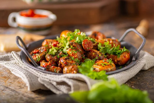 Roasted Mushrooms Chilli Sauce Topped Herbs — Stock Photo, Image