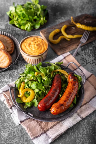 Delicious Spicy Sausages Grill Bread — Stock Photo, Image