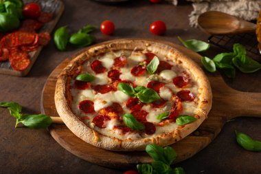 Sıcak salamlı, parmesanlı ve taze fesleğenli lezzetli pizza.