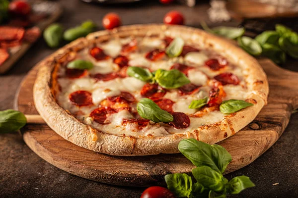 ホットサラミとおいしいピザ パルメザンチーズと新鮮なバジル — ストック写真