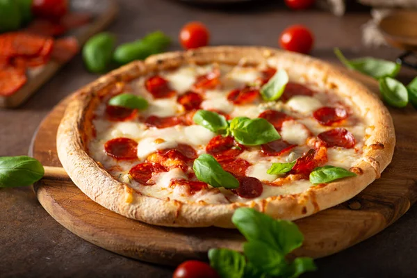 Delicous Pizza Hot Salami Parmesan Fresh Basil — Stock Photo, Image