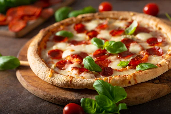 Lahodná Pizza Horkým Salámem Parmezánem Čerstvým Bazalkou — Stock fotografie
