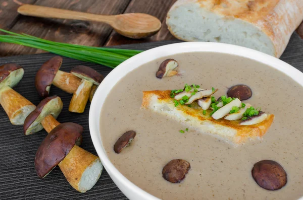 Mushroom cream soup with toast and fresh herbs — Stock Photo, Image