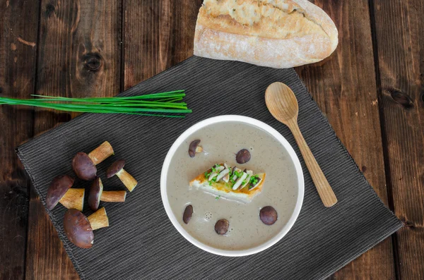 Mushroom cream soup with toast and fresh herbs — Stock Image Mushroom cream soup with toast and fresh herbs Stock Photo