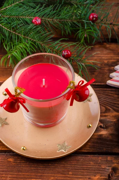 Christmas candle with pine needles — Stock Photo, Image