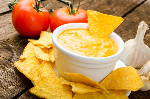 Tortillachips met tomaat en kaas-knoflook duik — Stockfoto