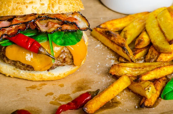 Hamburger di peperoncino fatto in casa con patatine fritte piccanti — Foto Stock