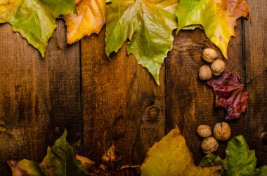 Ahşap tahta üzerinde sonbahar yaprakları