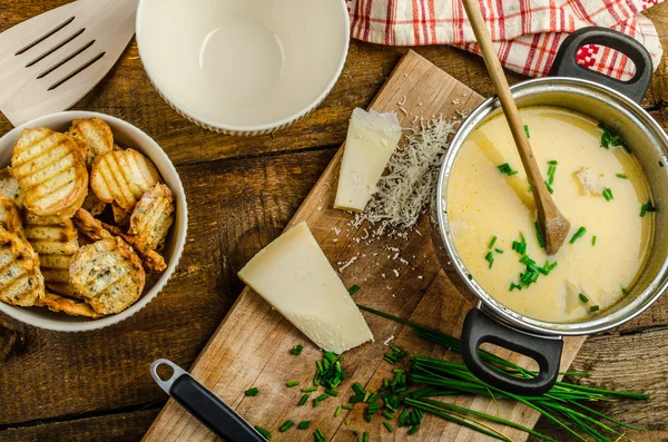 Crema di funghi zuppa con erbe e pane tostato — Foto Stock