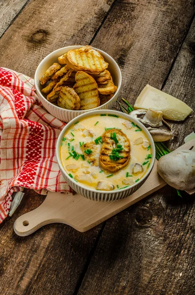 Crema di funghi zuppa con erbe e pane tostato — Foto Stock