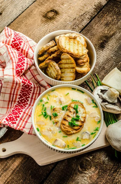 Mushroom creame soup with herbs and toasts — Stock Photo, Image