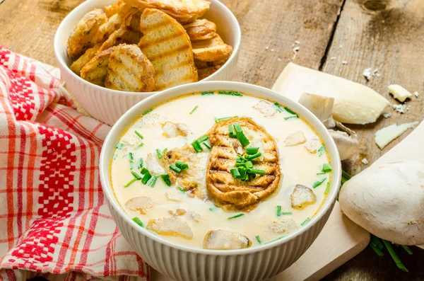 Mushroom creame soup with herbs and toasts — Stock Image Mushroom creame soup with herbs and toasts Royalty Free Stock Photos